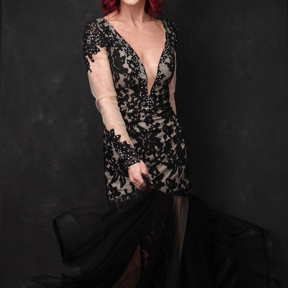 Black &Nude Mermaid Gown with Long Sleeves